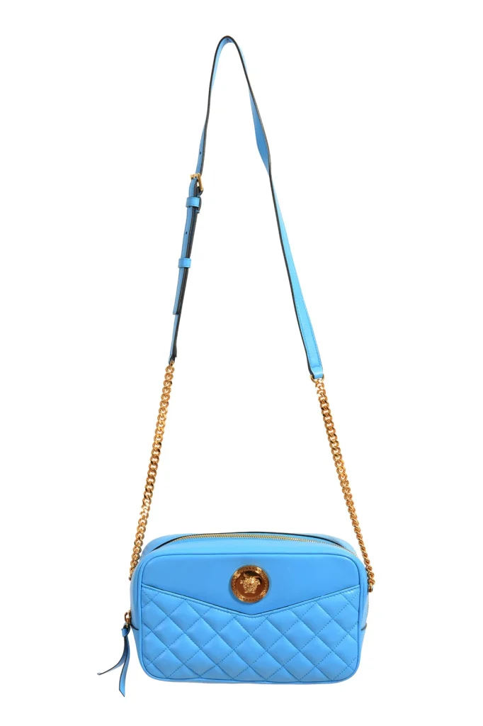 Versace Women's Blue Quilted Leather Medium Camera Bag Crossbody Shoulder Bag